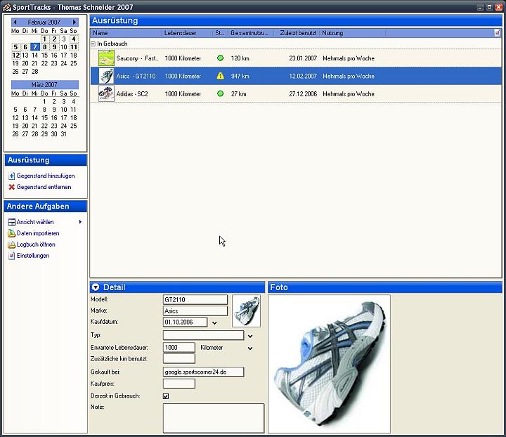 <p>Verwaltung der Sportger�te.</p> Wie lange sollte ich den bestimmten Schuh noch benutzten? Hier beh�lt man die �bersicht.